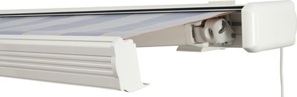 SOLUNA Kassettenmarkise Exquisit 4x3,5 Stoff Dessin 7109 Gestell RAL 9010 reinweiß Antrieb rechts inkl. Motor und Wandsc