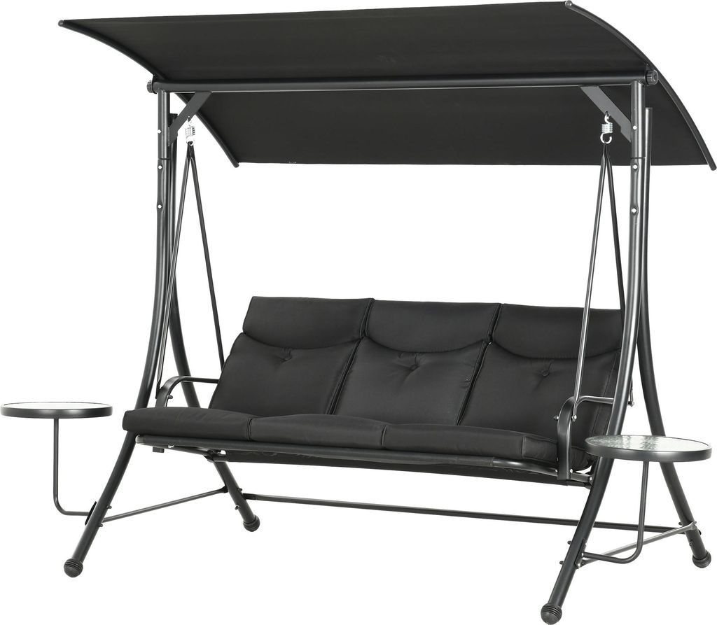 Hollywoodschaukel, Schaukelbank, 3-Sitzer Gartenschaukel mit verstellbarem Sonnendach, 278 x 135 x 177 cm, Schwarz