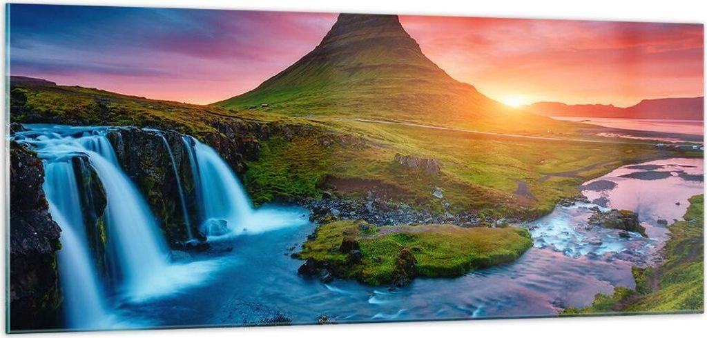 Bilder auf glas - Sonnenuntergang Wasserfall Island Vulkan - 100x40cm - Glasbilder - Wandbilder - Kunstdruck - Wanddekoration aus Glas - Glas Bilde...