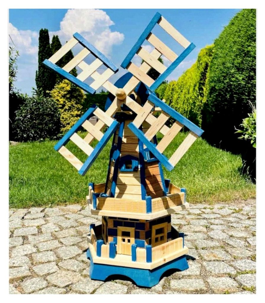 Sechseckige Doppelstock-Garten-Windmühle aus Holz in Natur/Blau, Höhe 93 cm