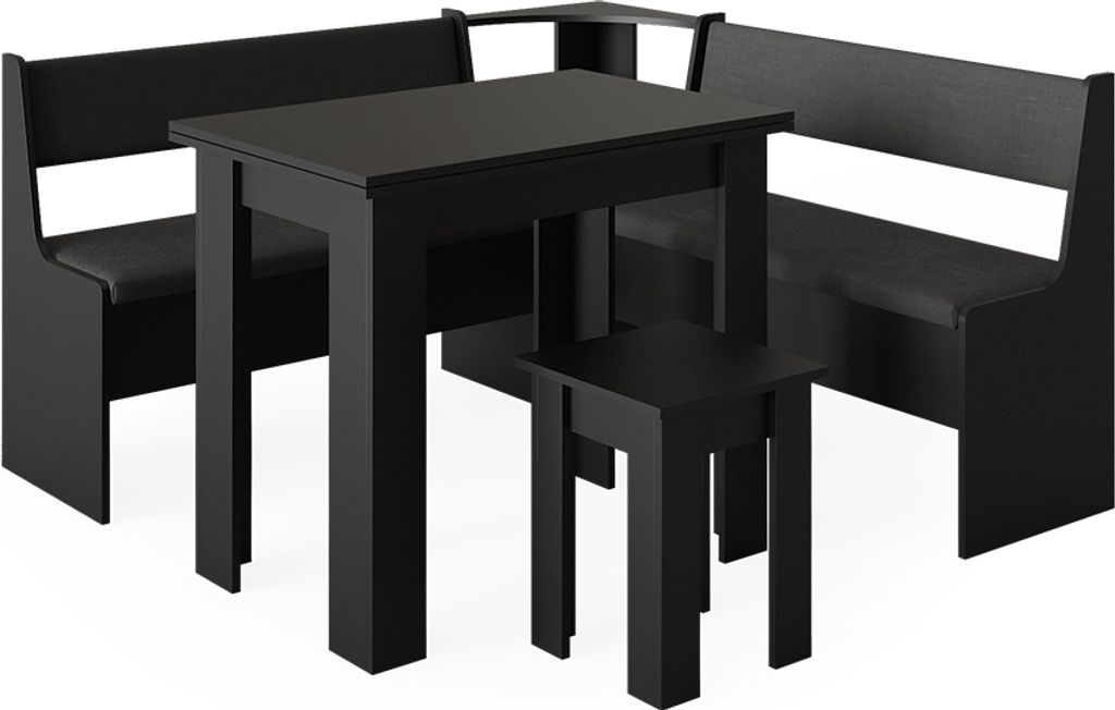 A black corner bench dining set with a table and stool on a white background.