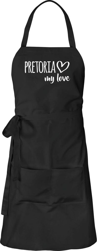 Huuraa Schürze Pretoria my love Schwarz mit Taschen Baumwolle Kochschürze Geschenkidee