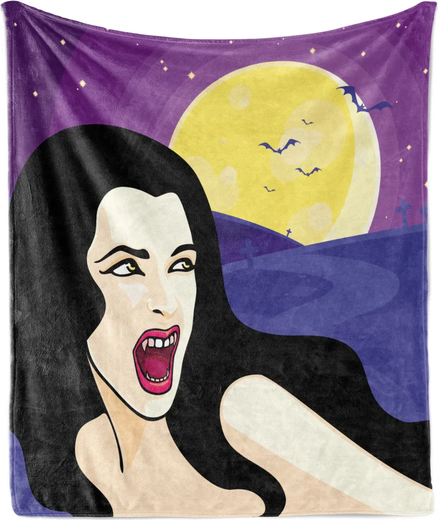 ABAKUHAUS Coperta morbida in flanella e pile per Halloween, ragazza vampiro su sfondo di cimitero notturno con luna e mazze, 175 x 230 cm, viola lavanda e grigio scuro