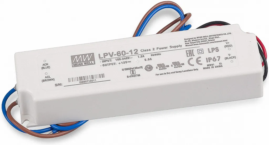 Alimentation 12V pour éclairage jardin et salle de bain Mean Well 60W IP67