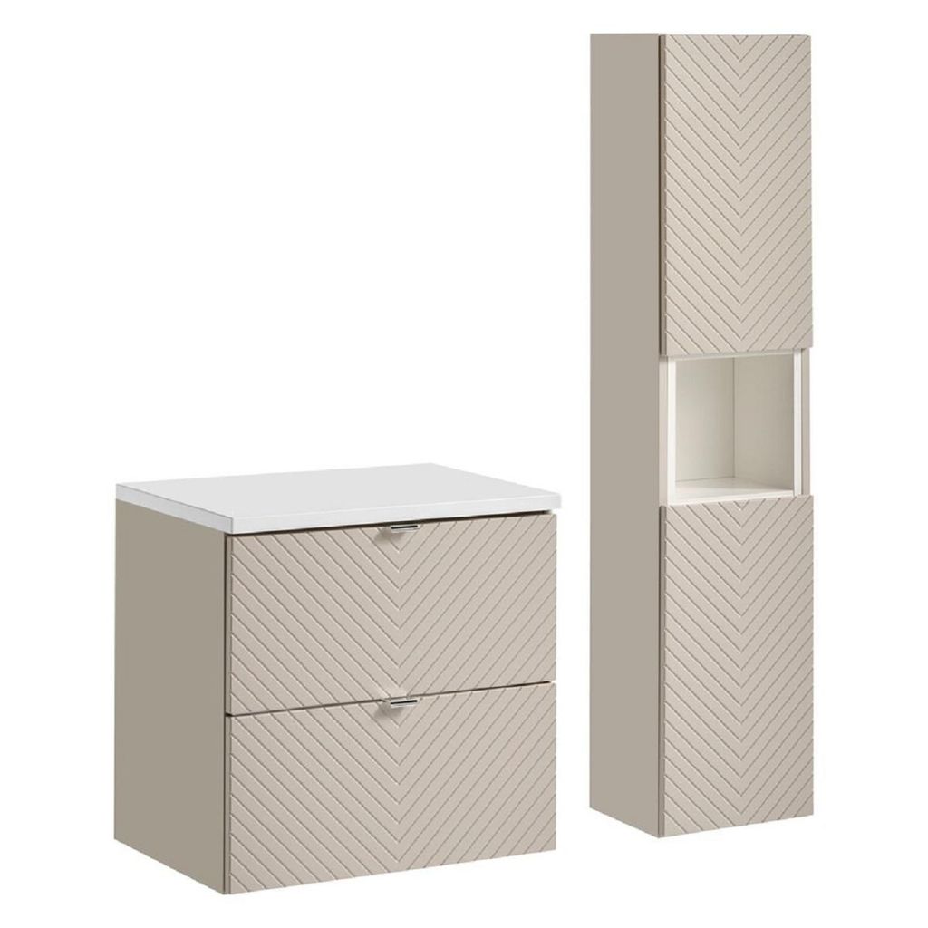 Badmöbel-Set - mit Hochschrank, Arbeitsplatte & unterschrank 60 cm 2 Schubladen, Viva Cashmere V BM270 -Kaschmir Matt/Weiß Matt