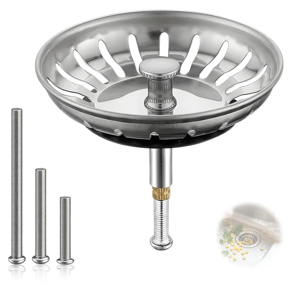 Filtre d'évier anti-obstruction 82mm en inox avec bouchon vidage réglable