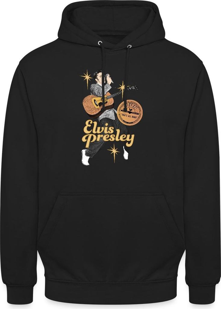Spreadshirt Elvis Presley Mit Girarre Und Mikrofon Uni Hoodie, S, Schwarz