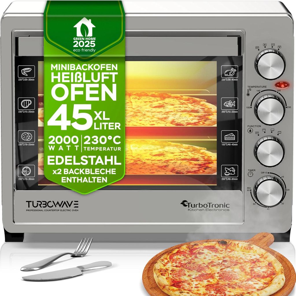 TurboTronic Minibackofen - EVS45 - 45 Liter mit Umluft und Drehspieß, Edelstahl, inkl. 2x Backblech, 2000W Mini Tisch Backofen Camping Pizzaofen ...