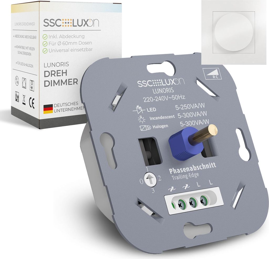 SSC-LUXon LUNORIS Universal Drehdimmer Unterputz 5-250W LED Halogen – Phasenabschnitt Dimmer 230V für Unterputzdose 60mm Abdeckung weiß