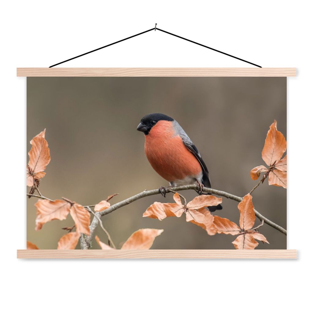 MuchoWow Textilposter Vogel - Laub - Herbst - Gimpel - 120x80 cm mit holzfarbenen Rahmen - Aufhängeset
