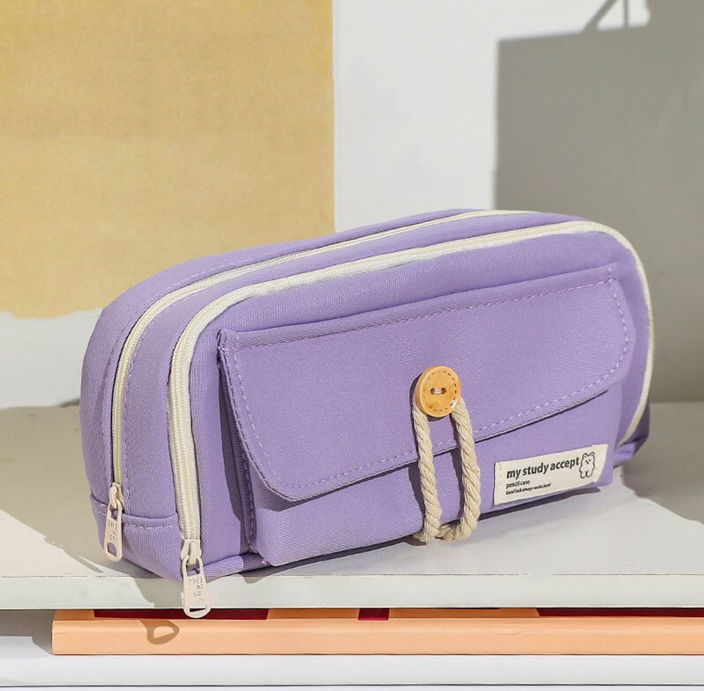 Student Niedlichen Bleistift Tasche Knopf Baumwolle Kordel Stoff Briefpapier Tasche Schule Liefert Große Kapazität Aufbewahrung Tasche, lila