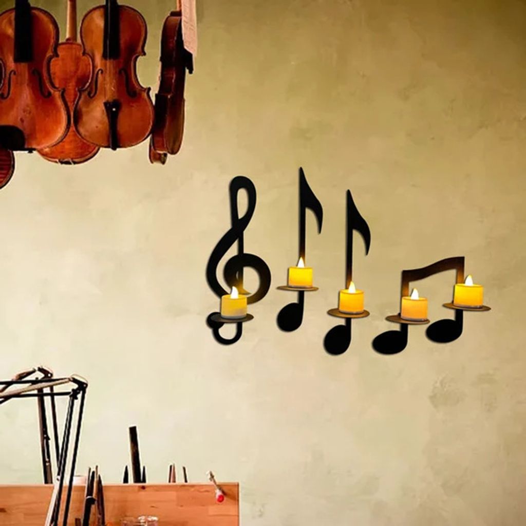 (4er-Set) Schwarze Musiknoten-Wandkerzenhalter, Produktbild 4