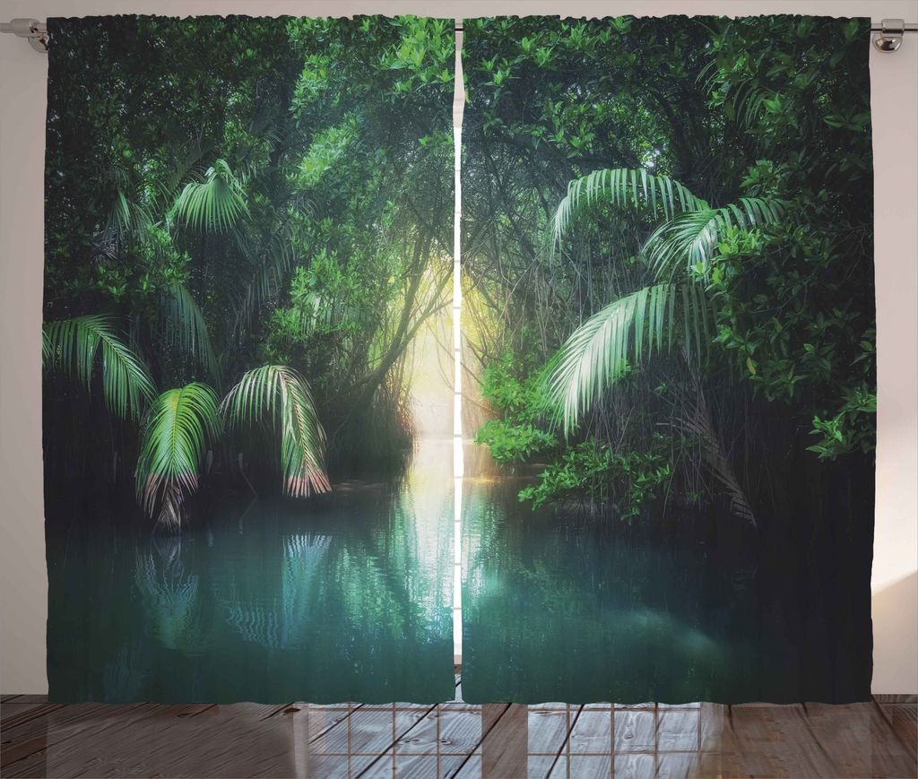 ABAKUHAUS Urwald Rustikaler Gardine, Mangrove Regenwald See, Schlafzimmer Kräuselband Vorhang mit Schlaufen und Haken, 280 x 175 cm, Teal