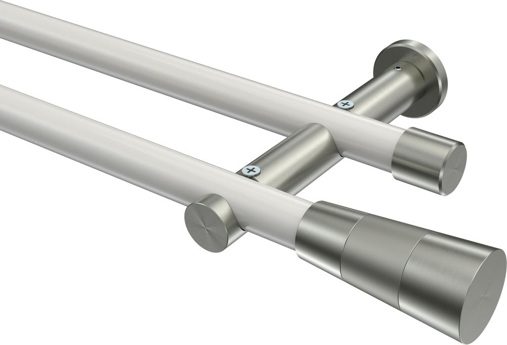 Interdeco Gardinenstange / Vorhangstange Weiß / Edelstahl-Optik, Typ Platon Tanara (Konus Bicolor) ohne Ringe, 20 mm Ø 2-läufig, 100 cm