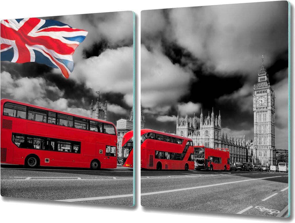 Coloray Herdabdeckplatte 2x40x52 cm Schneidebrett Kochplattenabdeckung Küchenbrett Hackbrett - London Bus
