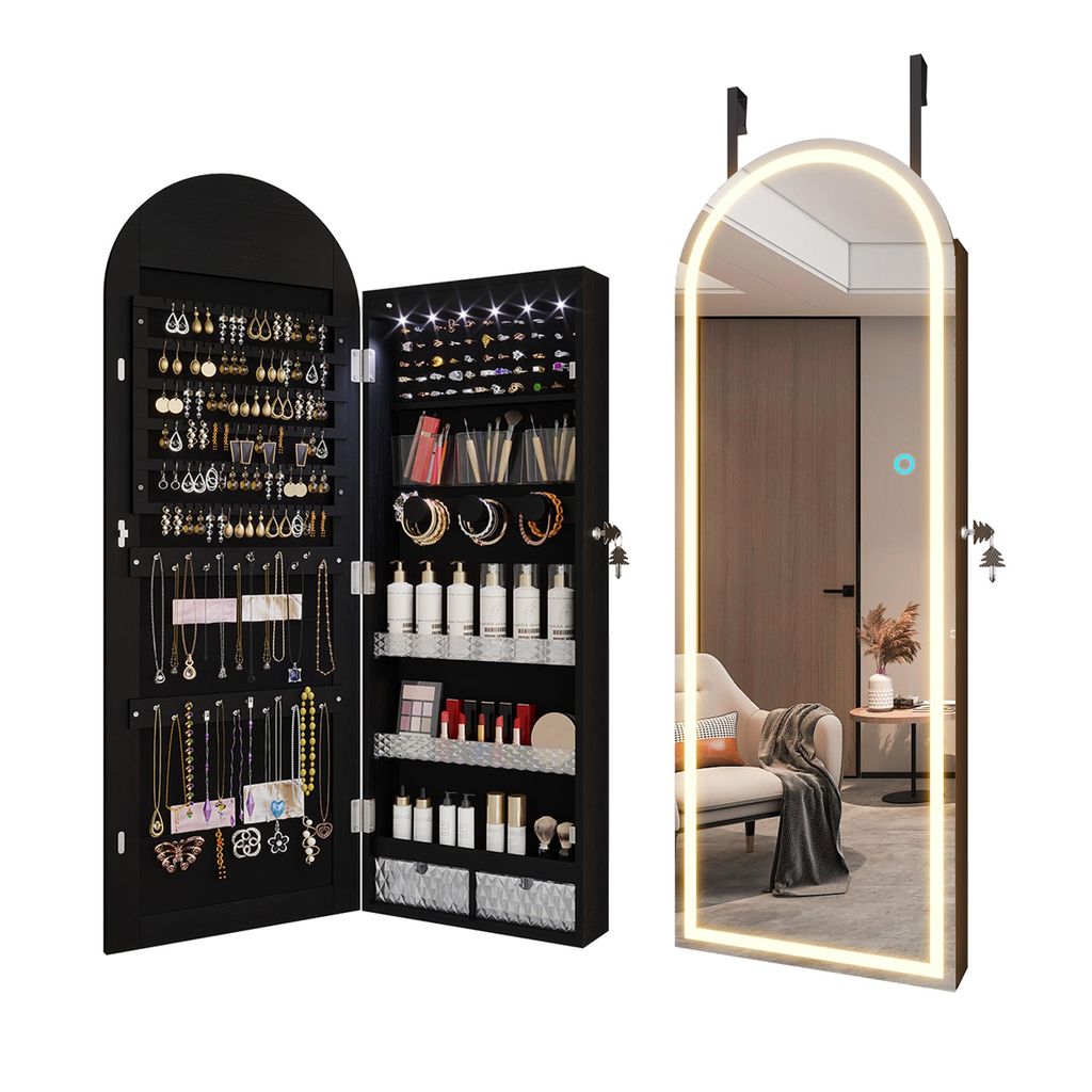 LVSOMT LED Schmuckschrank mit 360° Drehfunktion, 3-stufigem Regal und abschließbarem Stauraum, Eleganter Organizer für Schmuck und Accessoires