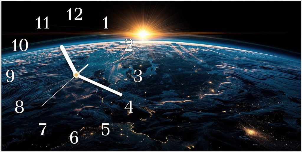 Wanduhr aus Glas mit Motiv Sonnenaufgang Erde- 60 x 30 cm - inkl. Aufhängesystem