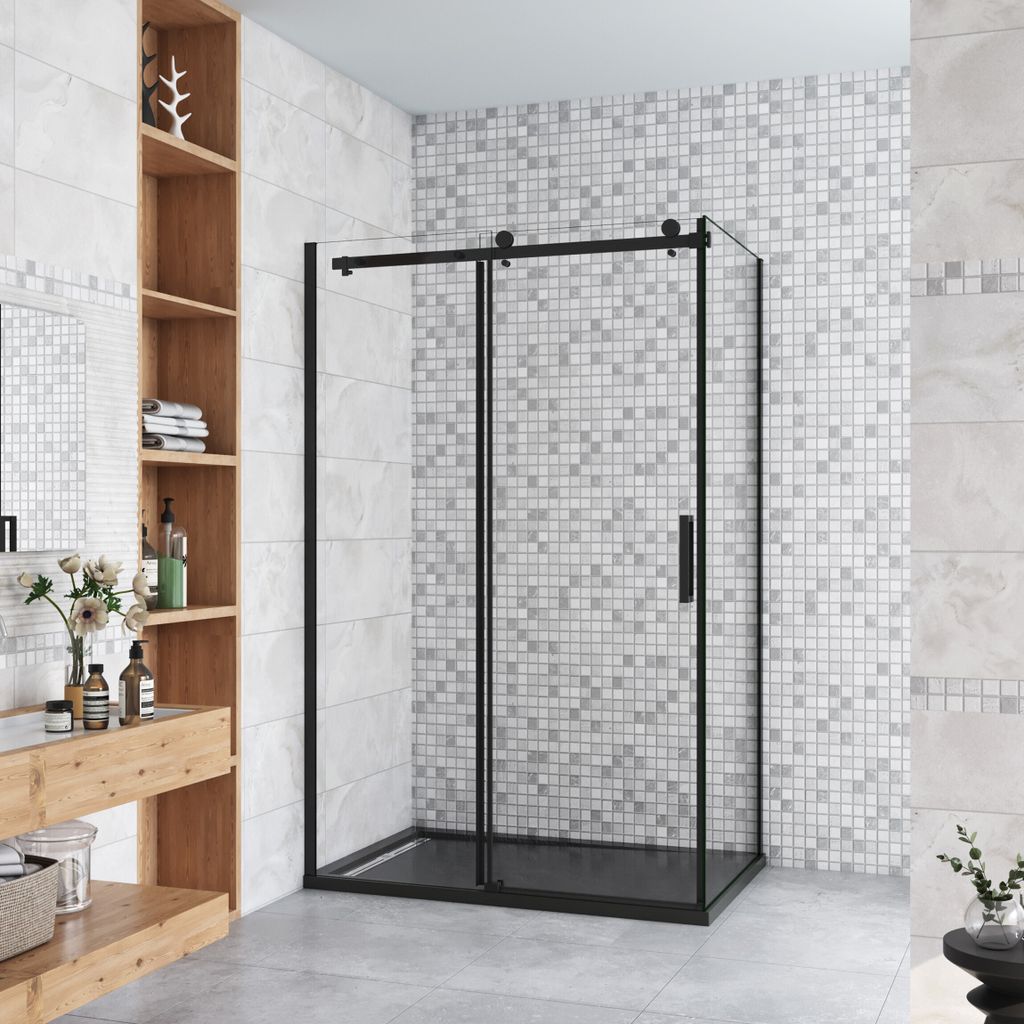140x80x200cm Schwarze Schiebetür 8mm NANO+ESG Glas Duschabtrennung Duschkabine