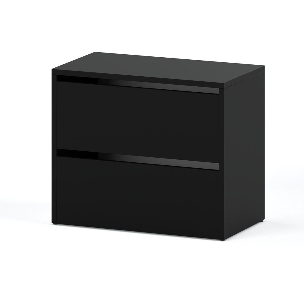 A black, modern cabinet with two drawers against a white background.