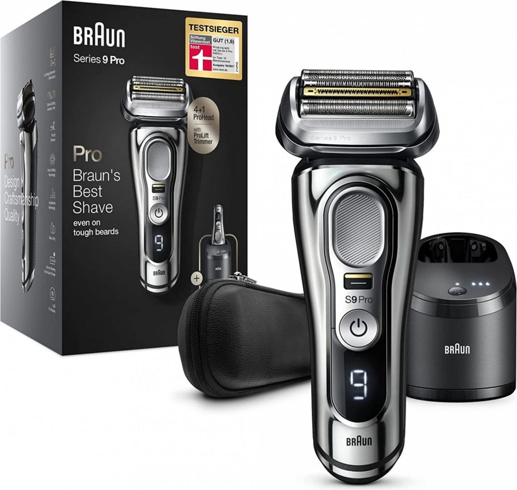 A Braun Series 9 Pro electric shaver and its accessories are displayed against a white background.