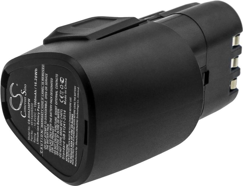 A black lithium-ion battery pack for a power tool, shown from a side angle against a white background.