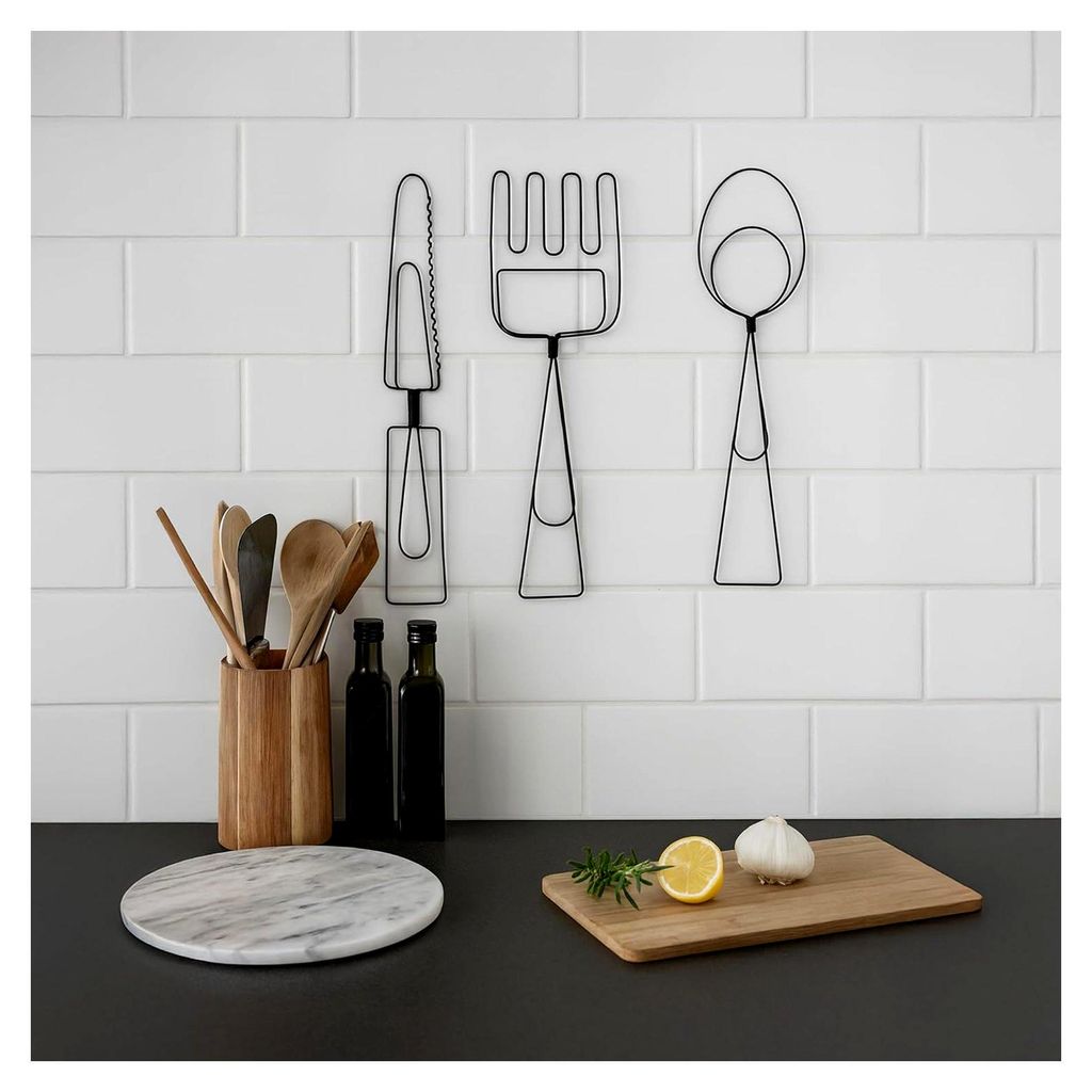 Wanddekoration 3er Set Besteck kleine dekorative Wandkunst aus schwarzem Metall, Messer, Gabel und Löffel im minimalistischen Design für Küche, ...