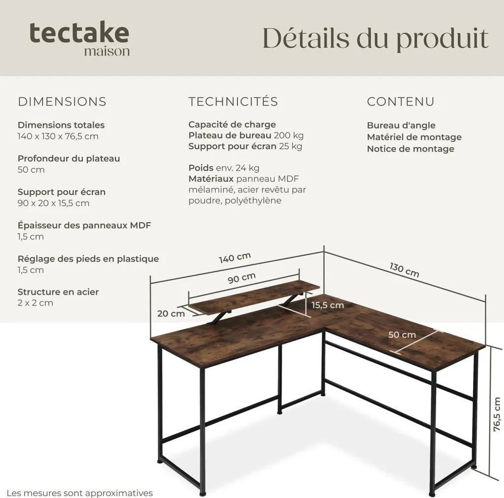 Bureau informatique d'angle MELROSE en bois rustique et métal noir - 6