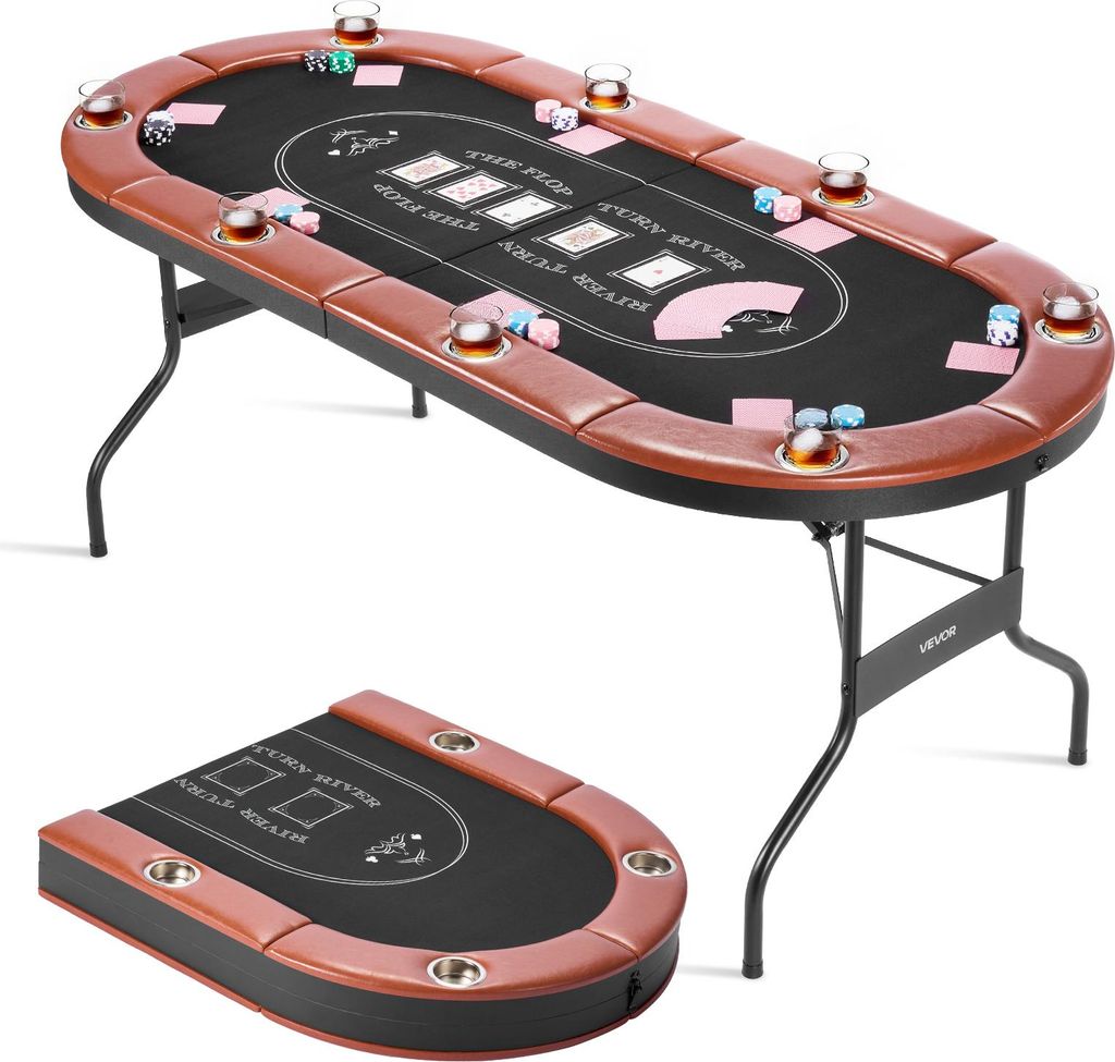 VEVOR klappbarer Pokertisch für 8 Spieler (183 cm) Kasino-Freizeittisch mit gepolsterten Schienen & Getränkehaltern, ovale tragbare Spieltische m...