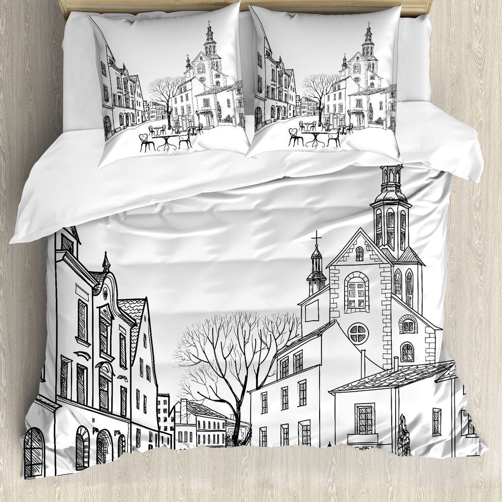 ABAKUHAUS Stadtansicht Bettbezug, Altstadt-Skizze, Milbensicher Allergiker geeignet mit Kissenbezügen, 155 cm x 220 cm - 80 x 80 cm, Schwarz-Weiss