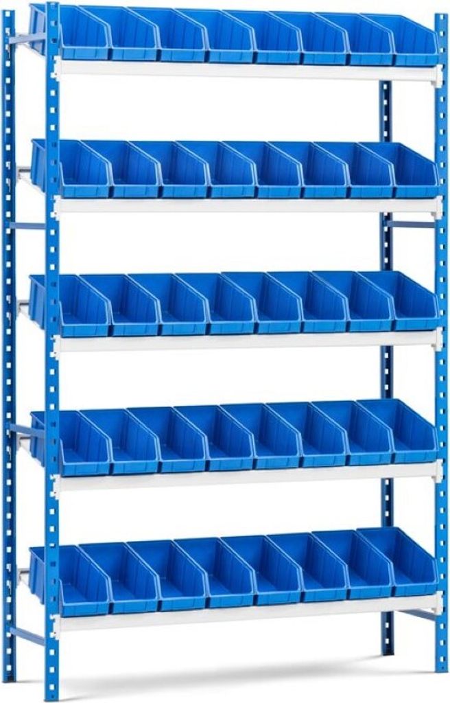 Schrägbodenregal MAXIMUS mit 40x Sichtlagerboxen à 5,6L | Fachlast 130kg | Grundregal | HxBxT 200x125x40cm | 5 Ebenen | Lichtblau/Lichtgrau