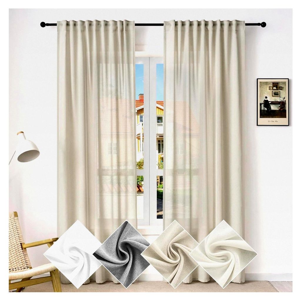 Schiebegardine für Wohnzimmer und Schlafzimmer, mit Kräuselband, Leinenoptik, halbtransparent, 135 x 175 cm, Sand