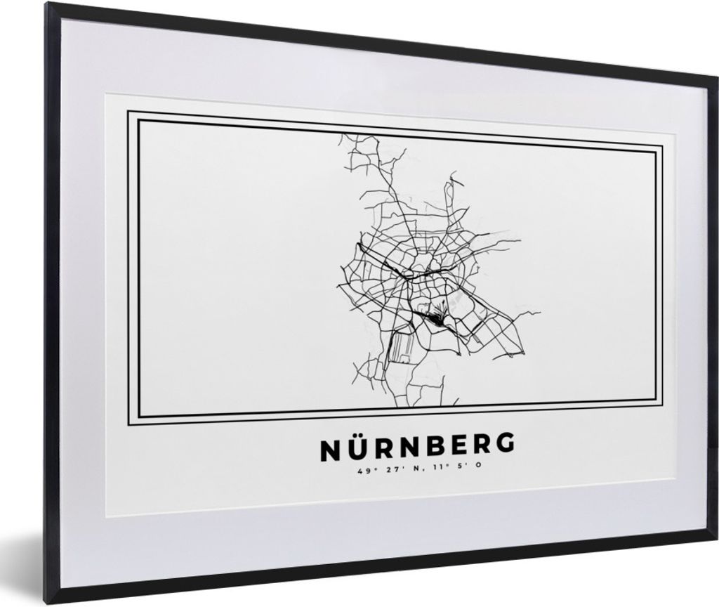 MuchoWow Gerahmtes Poster Stadtplan - Schwarz-weiß - Karte - Nürnberg - Deutschland 60x40 cm - Poster mit Schwarzem Bilderrahmen Wandposter Rah...