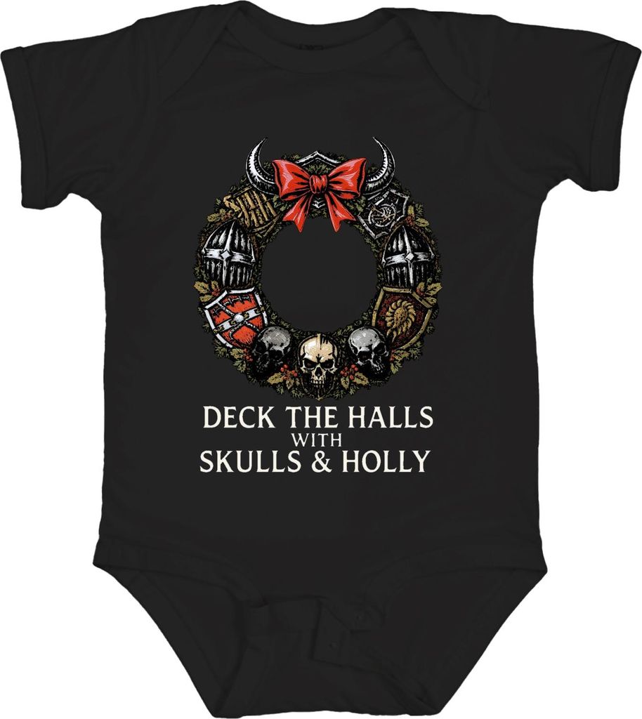 Deck The Halls With Skulls and Holly Gothic Weihnachtsgeschenk Unisex Baby Body, Schwarz, 6/12
