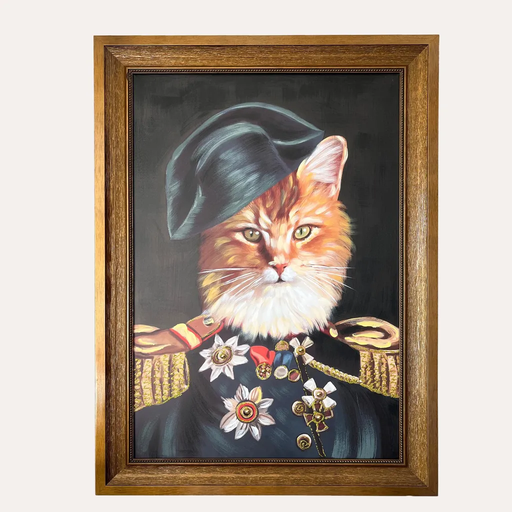 Décoration Murale Chat Militaire : Tableau Encadré Bois Style Vintage