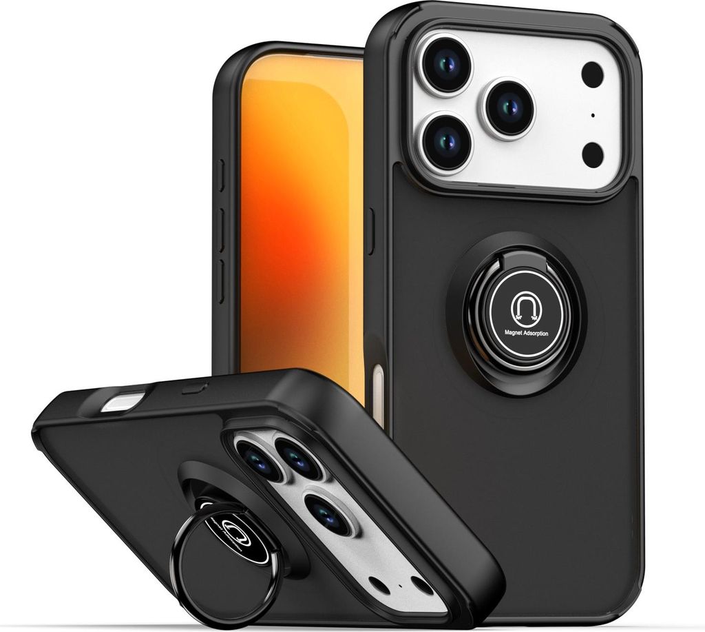 Hülle für iPhone 17 Pro Matte Transluzent TPU Stoßfest Schutzhülle mit Ring Halter Ständer Schwarz
