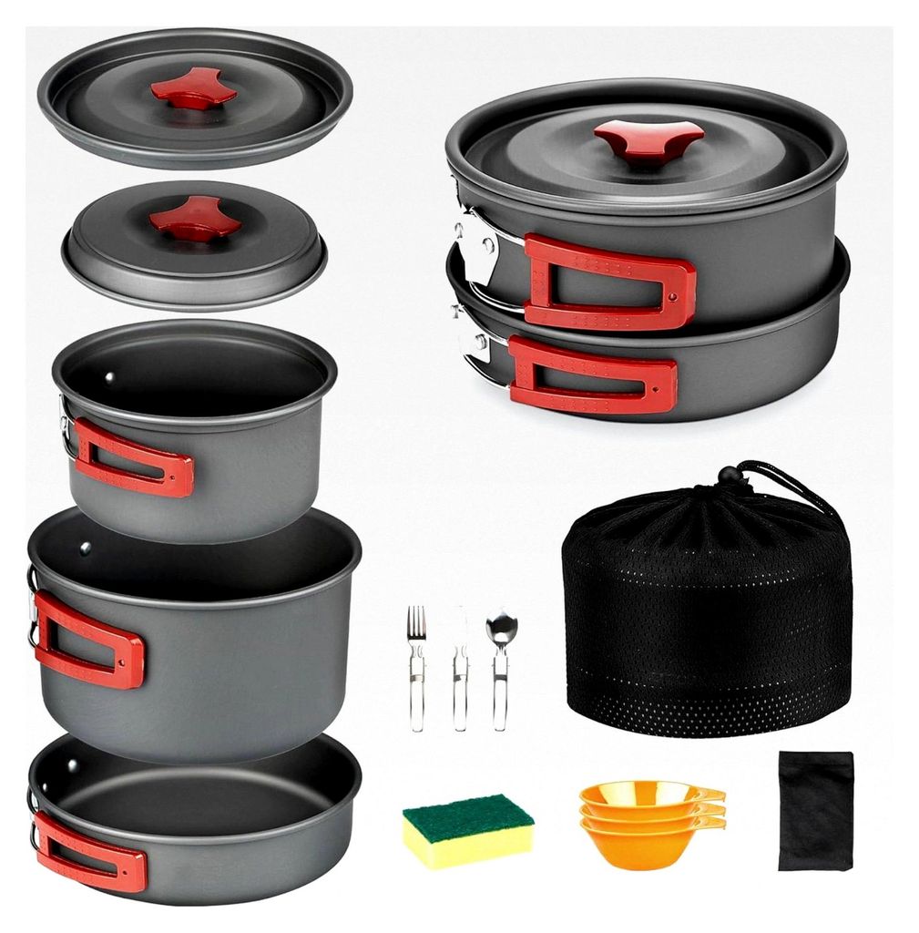Camping-Kochgeschirr, tragbare Camping-Essentials mit Zubehör für Outdoor-Kochen, Rucksackreisen, Wandern und Picknick