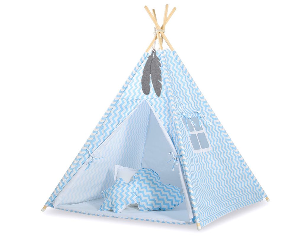 Tipi Zelt für Kinder mit Teppich und Kissen blau 100% Baumwolle und allergiefreundlicher Füllmaterial