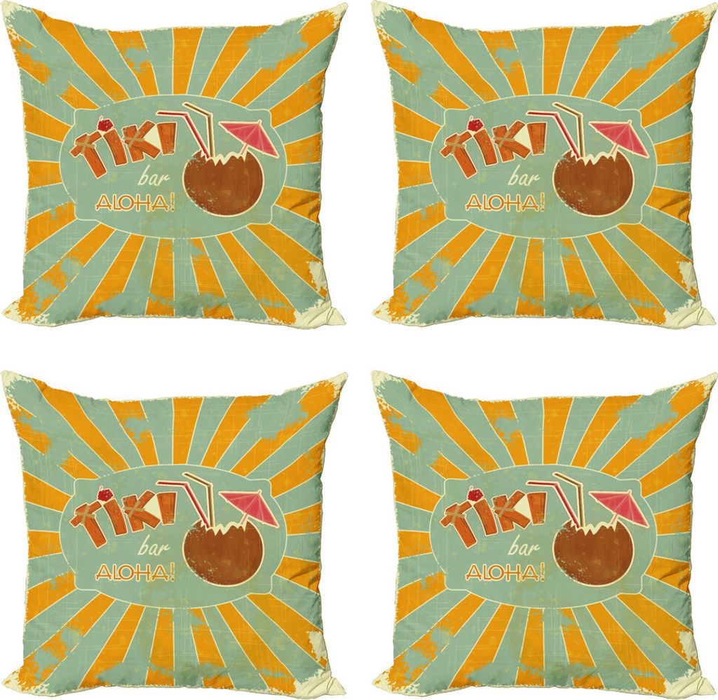 ABAKUHAUS Tiki Bar Kissenbezug Set (4 Stück), Aloha-Spaß-Party, Moderner Doppelseitiger Digitaldruck, 45 cm x 45 cm, Almond, Grün, Orange