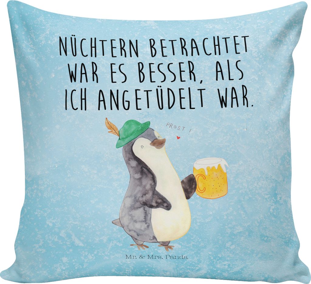 Mr. & Mrs. Panda Kissen 40x40 Pinguin Bier - Eisblau - Geschenk, couch, Polster, , Angetüdelt, Sofakissen, Couchkissen, Beschwippst, Dekokissen