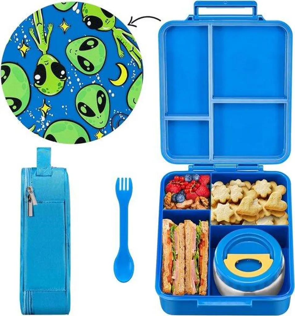 Boîte à bento 4 compartiments astronaute bleu avec cuillère incluse