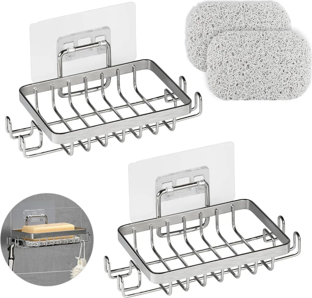 Lot de 3 porte-savons muraux en acier inoxydable argent avec crochets
