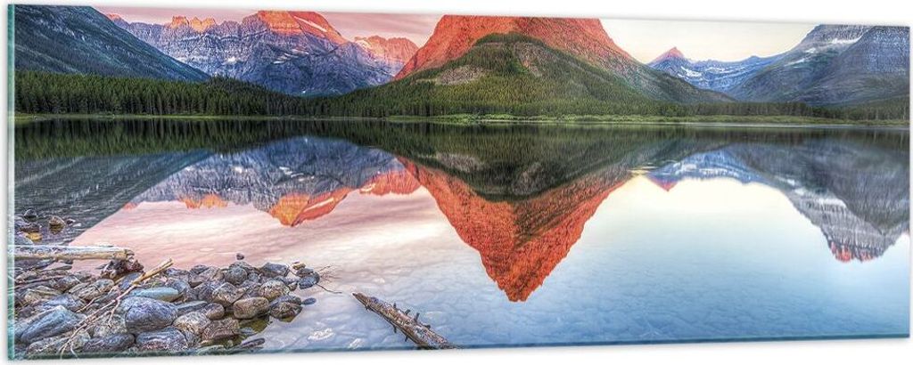 Bilder auf glas - Einteilig - See Berge Spiegelung - 90x30cm - Glasbilder - Wandbilder - Bilder - zum Aufhängen bereit - Wanddekoration aus Glas -...