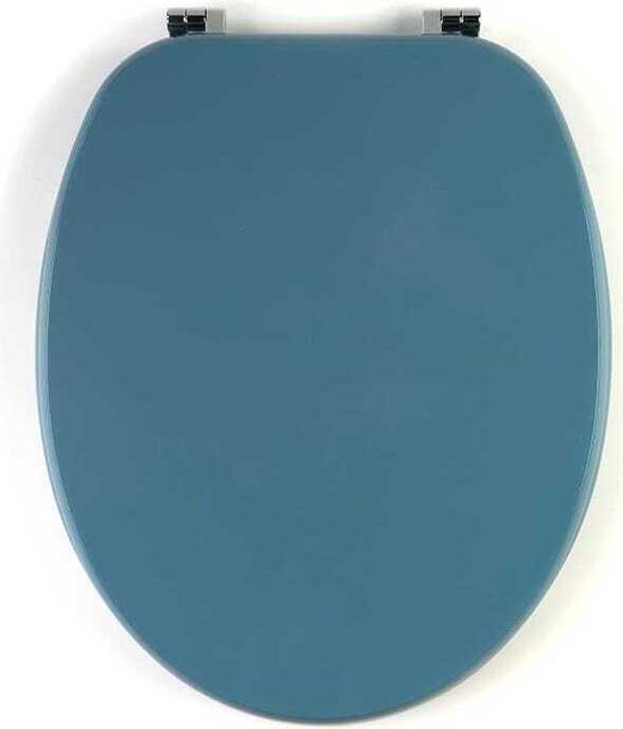 Dunkelblauer Toilettendeckel mit verchromten Scharnieren