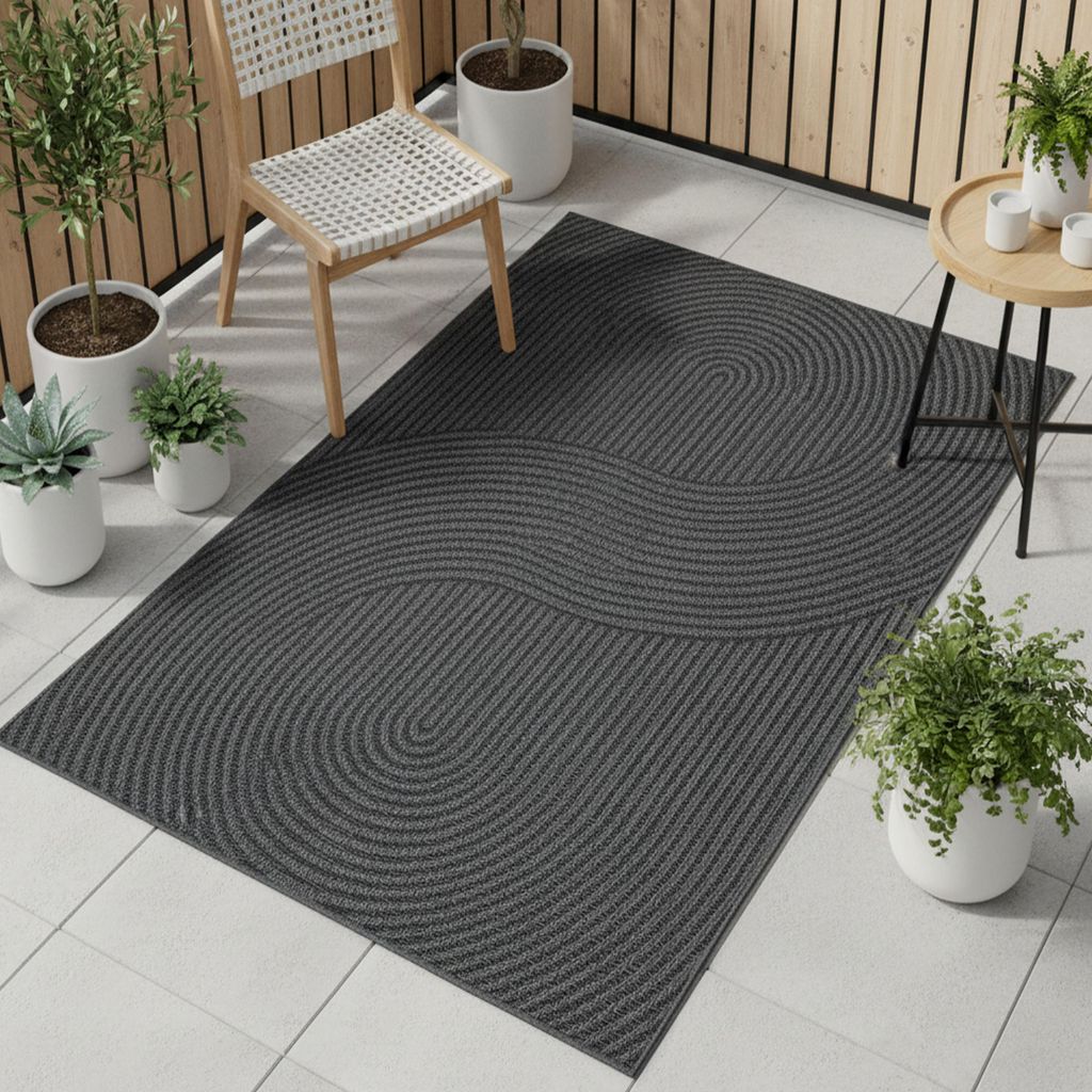 Teppich Outdoor grafisches Wellenlinien Design wetterfest Terrasse Balkon Anthrazit Größe - 80 x 200 cm