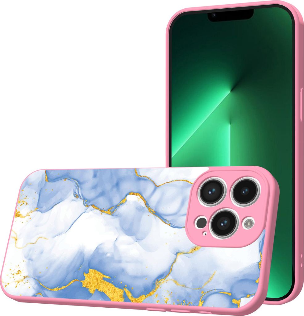 Smartphonica Handyhülle Geeignet für iPhone 13 Pro Max mit hellblauem Gold Marmor Print - TPU Back Cover Case hellblau Gold-Marmor-Design - Rosa