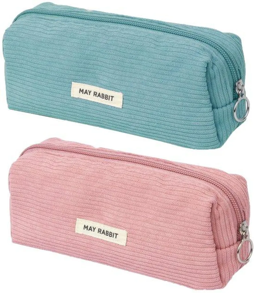 Trousse scolaire en velours côtelé bleu-vert lavable - Pack de 2 étuis
