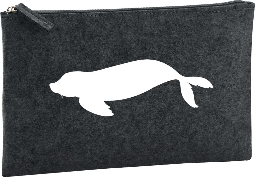 Huuraa Kulturbeutel Robbe Silhouette 1 Liter Charcoal Filz Kosmetiktasche Geschenkidee