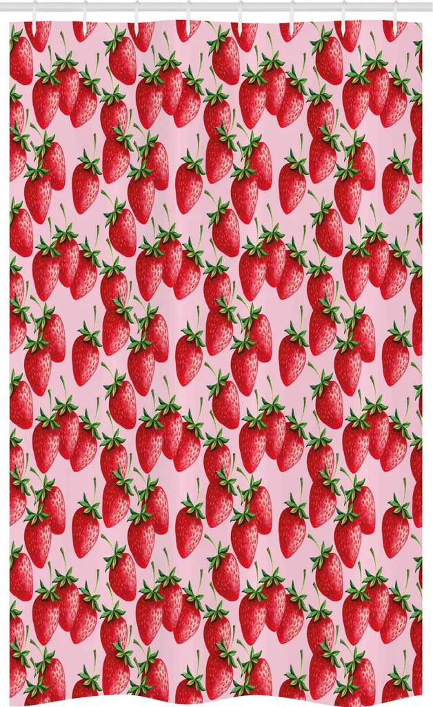 ABAKUHAUS rosso Tenda da doccia stretta, succose fragole, set decorativo per bagno in tessuto con ganci, 120 x 180 cm, verde rosa rosso