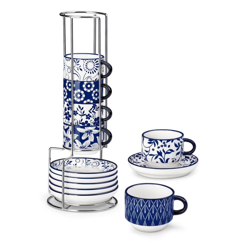 VANCASSO 4-tlg Tassen Set, Porzellan Espresso-Set, Kaffeetasse mit Unterteller, Metallständer, 90ml, Blauweißes Porzellan