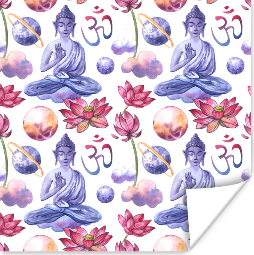 MuchoWow Poster Buddha - Muster - Blumen 50x50 cm - Wohnzimmerdekoration